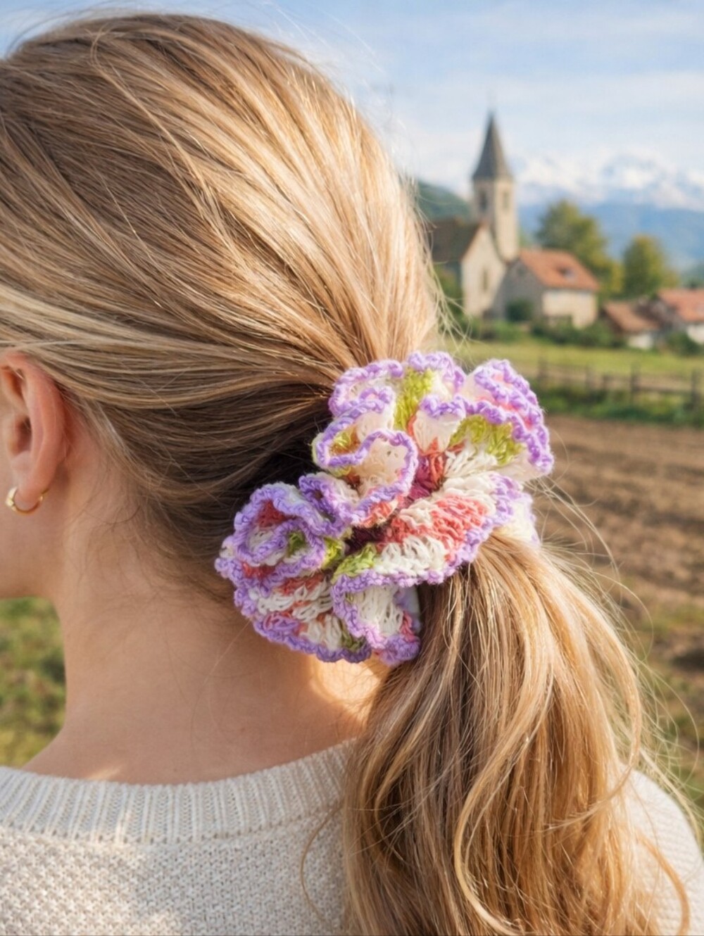 Handmade Crochet Scrunchie, Ruffled Pastel Hair Tie, Summer Yarn Accessory